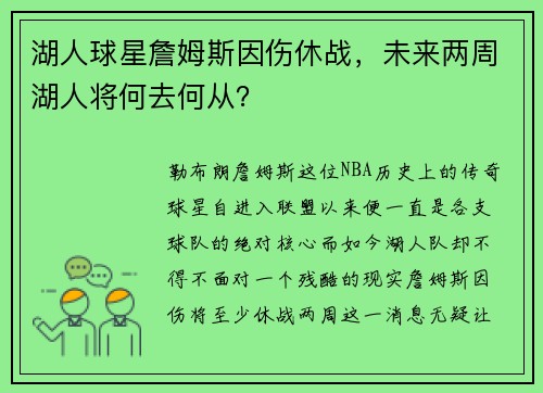 湖人球星詹姆斯因伤休战，未来两周湖人将何去何从？